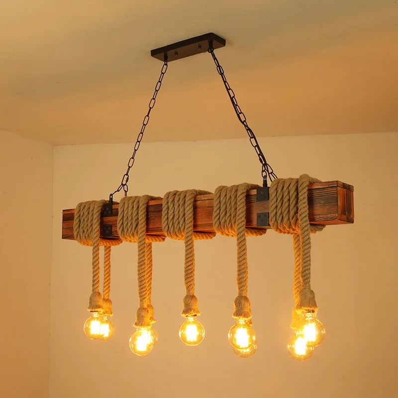 Retro Industrial Chandelier Solid Wood Hemp Rope Light Bar Restaurant Cafe Dining Room Pendant Lamp Wood Drop Light Hanging Lamp