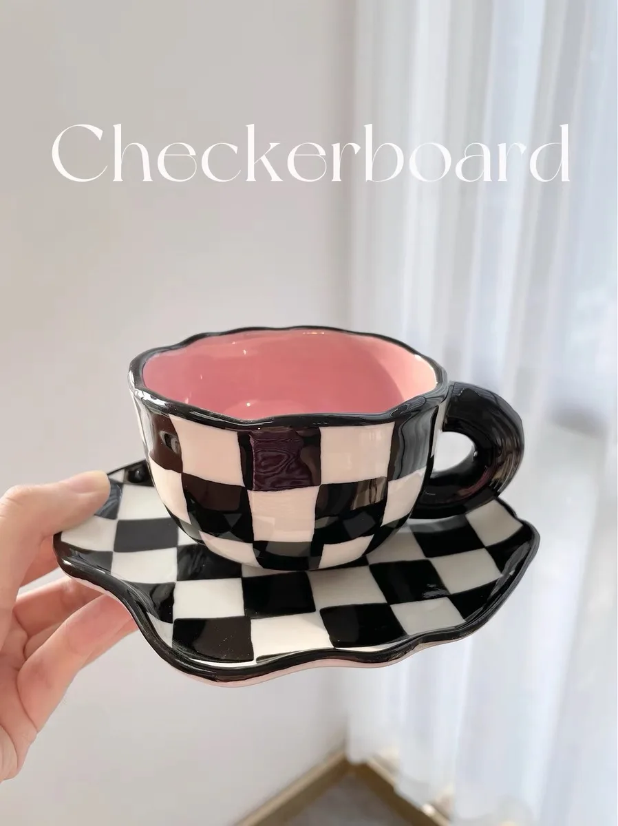 

Black White Checkerboard Lattice Mug Ceramic Cup Ins Style Coffee Cup Dish Creative Lattice New Water Cup Plate Drinking Set