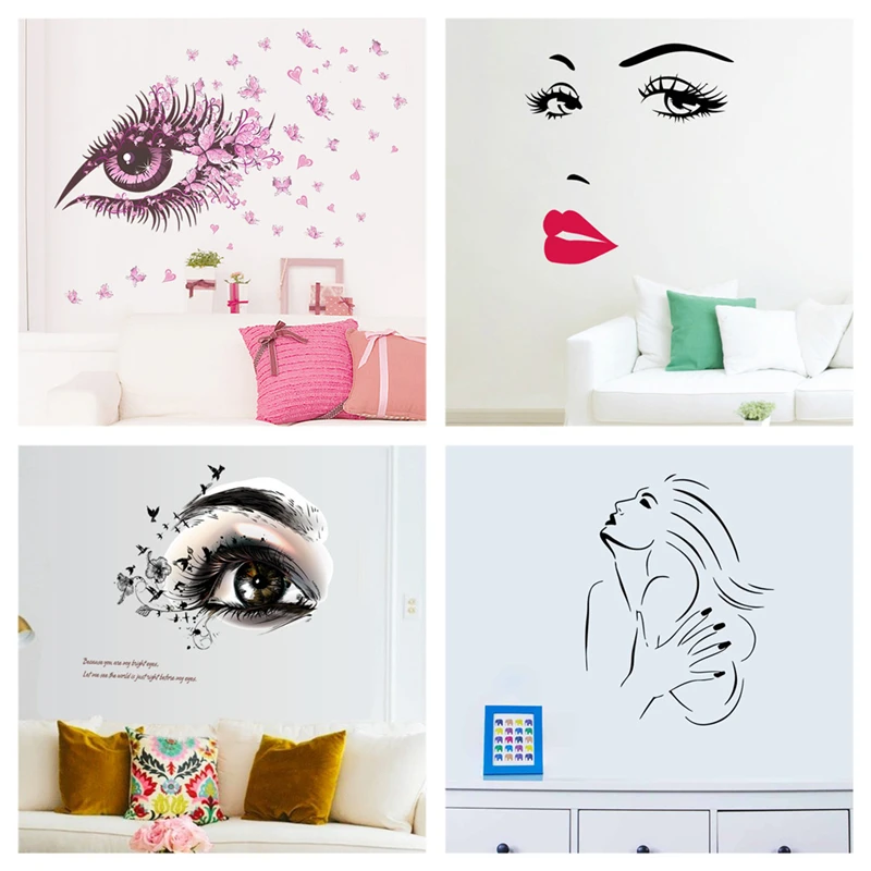 

Beautiful Woman Portrait Wall Stickers For Girls Room Barbershop Decoration Eye Red Lip Theme Vinyl Mural Art Diy Home Decals