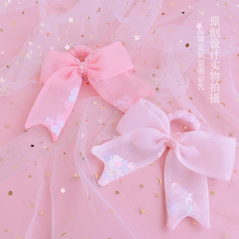 Pink Cherry Blossom Hair Ring Quicksand Chiffon Bow Hair Accessories Girly Girl Sweet Lolita Bow JK Double Ponytail