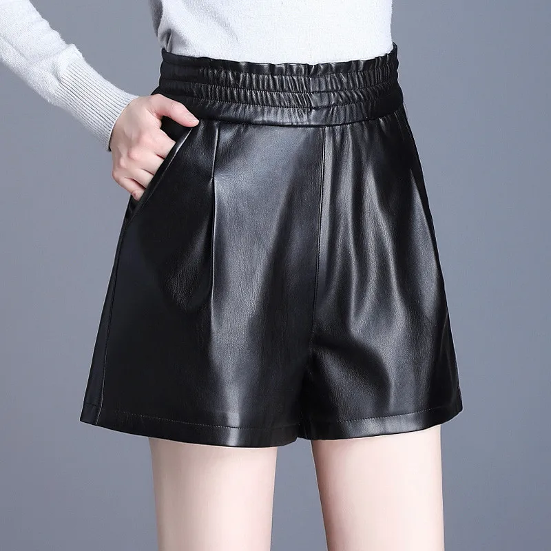 

Autumn pu leather shorts high waist ladies casual shorts artificial leather A-line Bottoms Wide-legged Shorts Winter Women 5XL