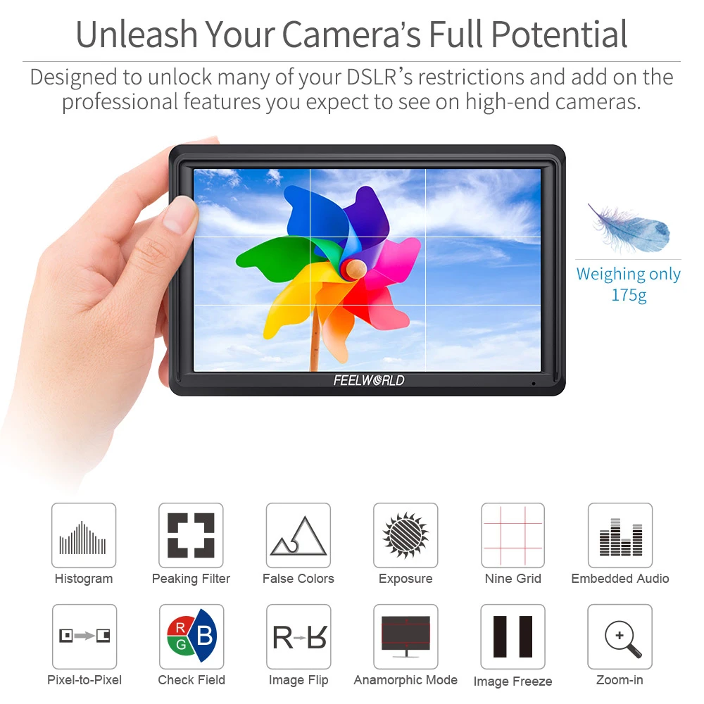 FEELWORLD S55 5.5 Inch DSLR Camera Field Monitor Focus Assist Small HD 1280x720 IPS with 4K HDMI 8.4V DC Out Tilt Arm