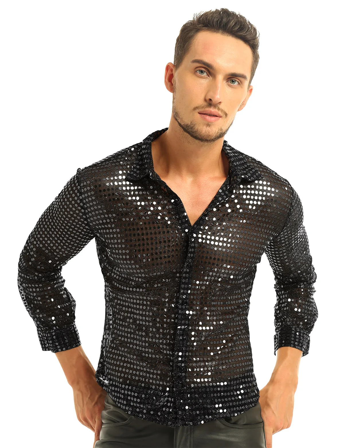 Mens Tuxedo Shirts Shiny Sequins See Through Mesh Long Sleeve Clubwear for Night Party Show Dancing Performance Top Shirt