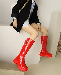 Double-Breasted Shiny Patent Leather Women's Knee-Length Boots Flat-Bottomed Platform With Plush Lining Long Boots 2022