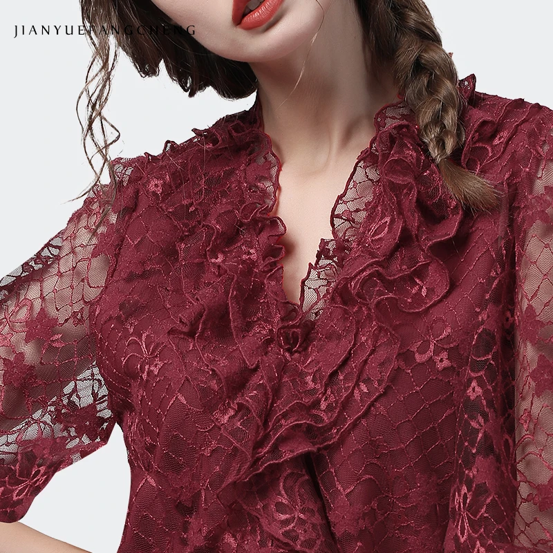 Fashion Women Sexy Hollow Out Lace Blouse Short Sleeve Loose Plus Size Ruffles V-Neck Top 2020 New Ladies Summer Blouses Tops