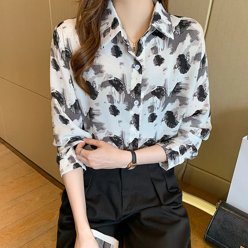 

Women's Large Leopard Print Chiffon Shirt, European and American Fashion, Long Short Sleeve, Ladies' Blouses, Summer Top, New