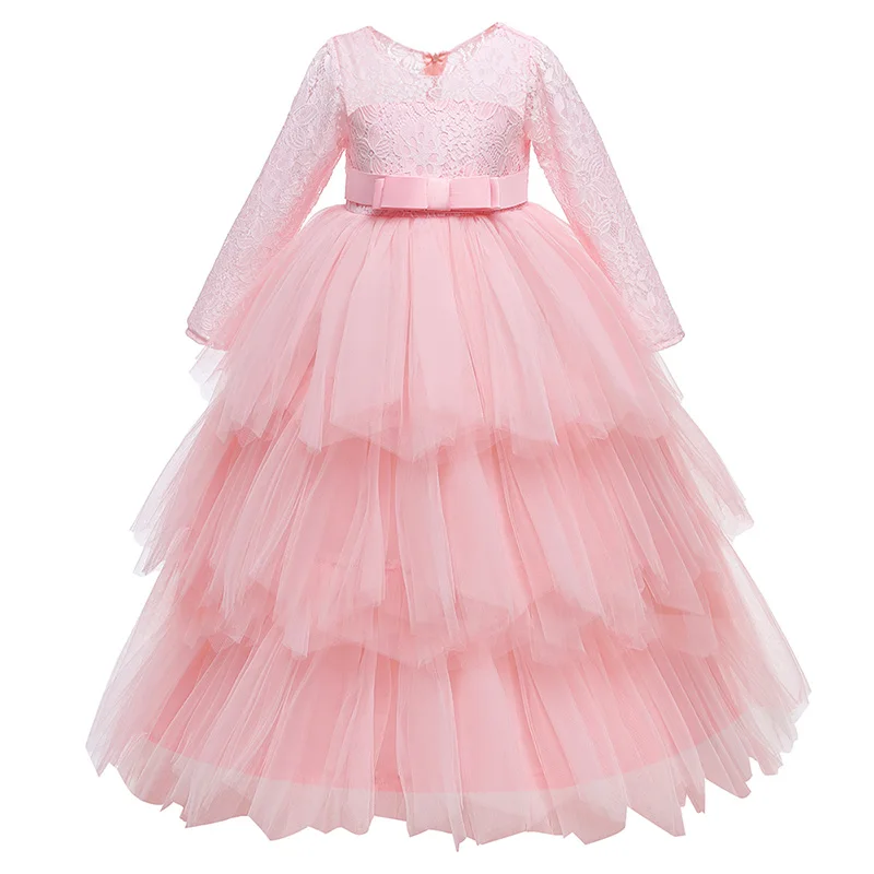 Christmas Kids Pink White Bridesmaid Dress Girls Children Costume Long Sleeve Princess Vestido Flower Party Gown Evening