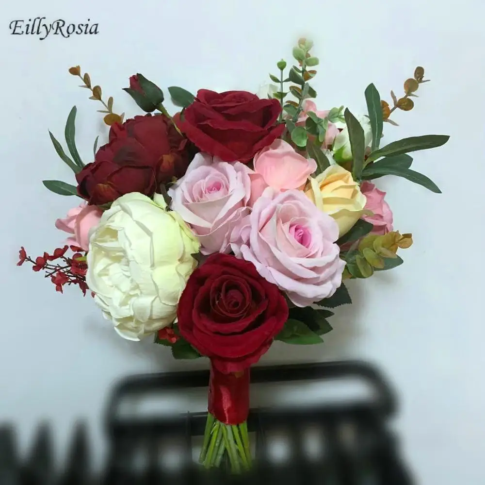 Eillyrosia design original buquê de noiva rosa champanhe rosas borgonha flores do casamento rústico artesanal artificial bouquet