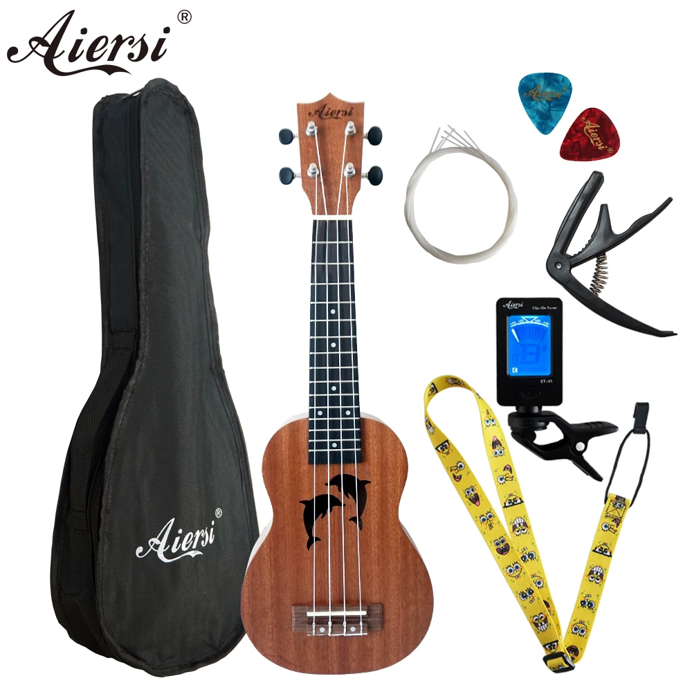 Aiersi-Full Set Mahogany Ukulele with Bag,Strap, Capo,Tuner,Picks, 4 Strings, Soprano, Pineapple, Gecko, 21\