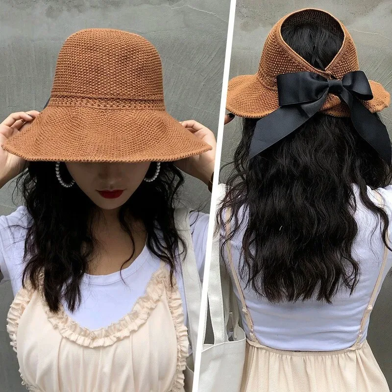 Summer Straw Hat with Ribbon Tie Foldable Beach Topless Outdoor Sun Hat Visor