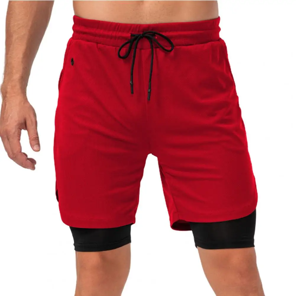 Simple Workout Shorts for Men Multi Pockets Double Layers 	Fake Two Piece Sport Shorts Quick Drying Running Shorts Male Jogger