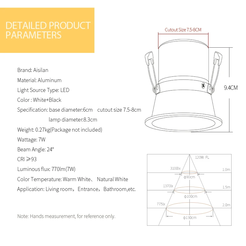 Aisilan Modern LED Recessed Downlight Cutout Hole 8CM Dimmable 7W CRI97 Angle Adjustable Directional Spot Light for Indoor Light