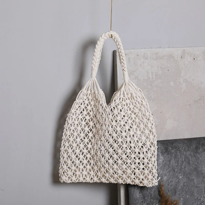 Straw Bag Cotton Bag Retro Folding Bag Female Bag Handbag Shoulder Bag Beach Holiday Hollow Large Capacity