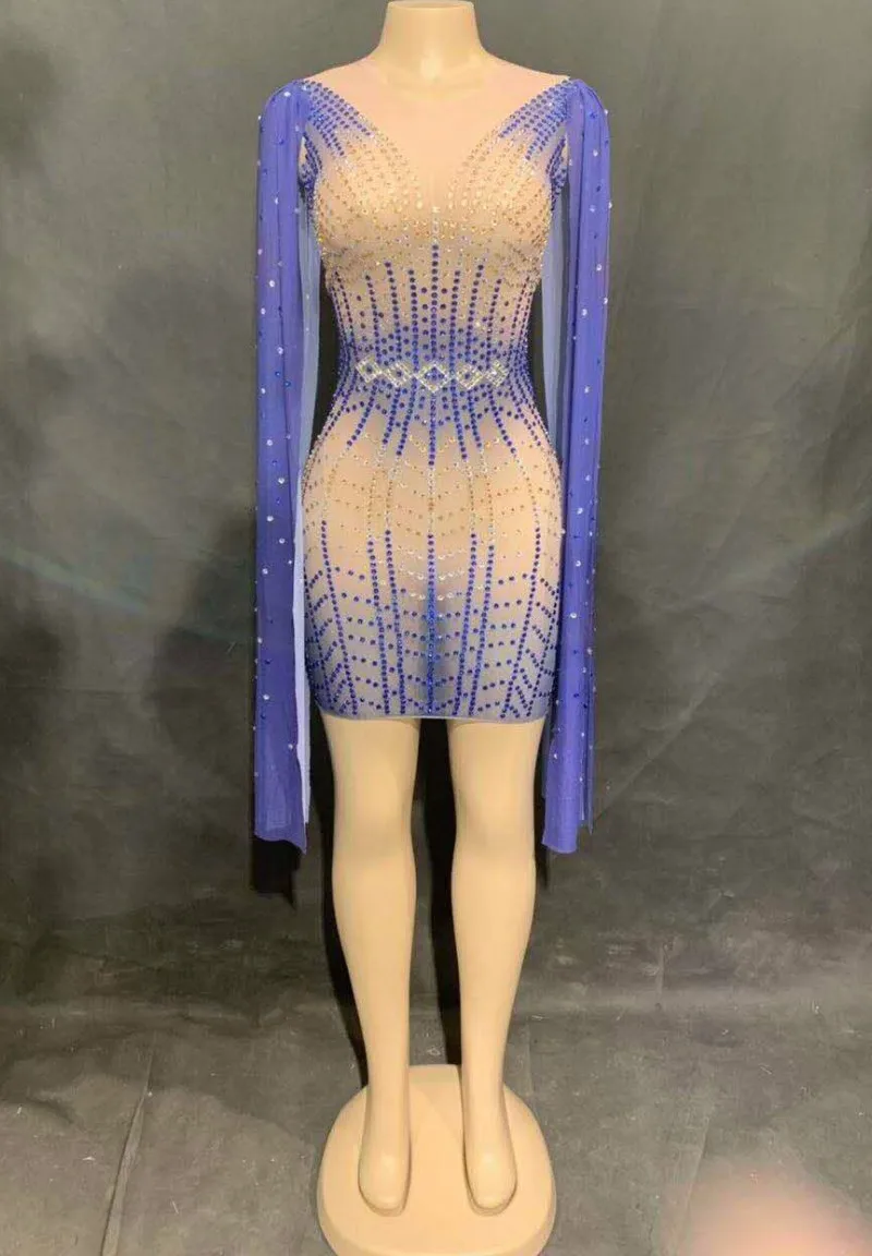 Birthday Celebrity Prom Party Mini Dresses One Piece Stage Costume Women Sexy Blue Long Sleeve Perspective Mesh Net Yarn Dress