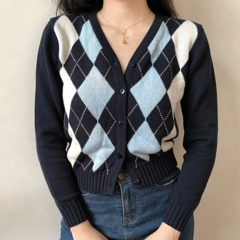 Fashion Argyle Cardigan Sweater Women New Fall Soft Cotton Knitted Hot Tide V-neck Thick Winter Korean Casual Simple Chic Jacket