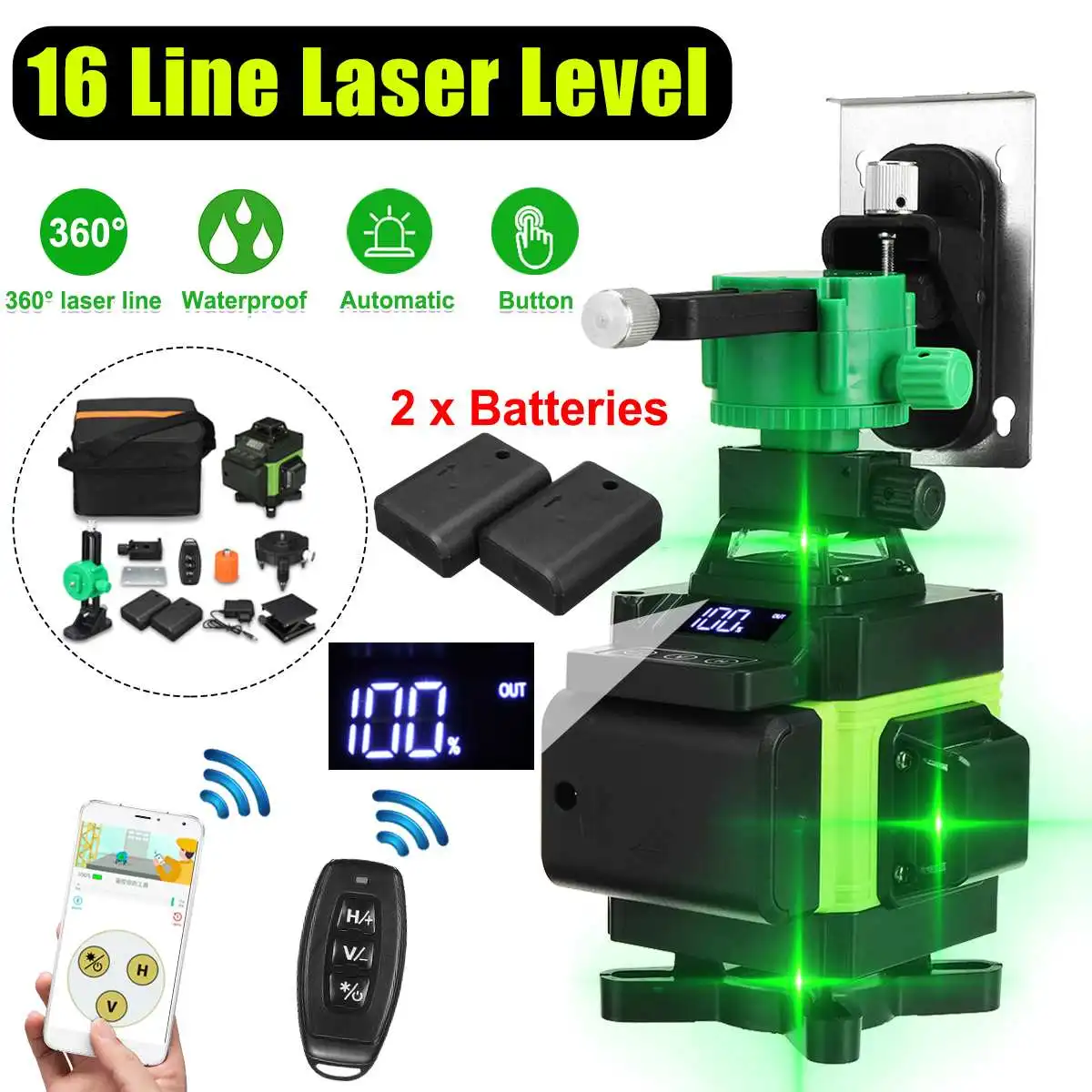 ZEAST 16 Line Laser Level 4D Powerful Green Light Remote Control Horizontal Vertical Self-Leveling System with 2x6000mah Battery