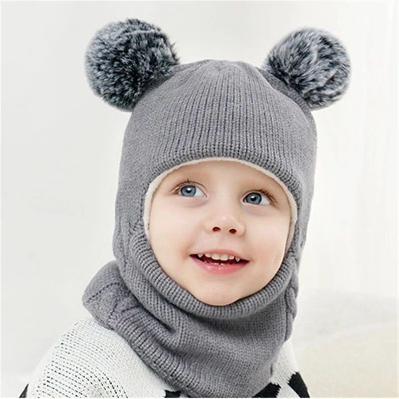 Baby Boy Girl Hat And Scarf All In One Winter Thicken Plus Velvet Face Ear Protection Knitted Cap Toddler Children Kids Warm Hat