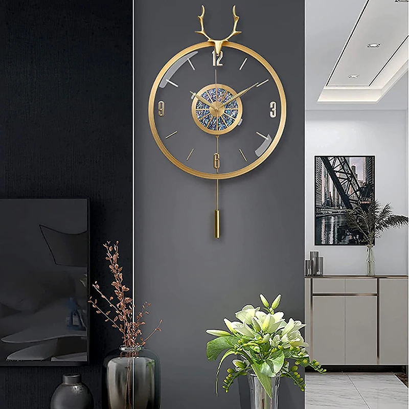 Gold Pendulum Wall Clock, Brass Frame, Glass Mirror, Large Quartz Clocks for Bedroom, Dining Room Decor, Living Room Decoration