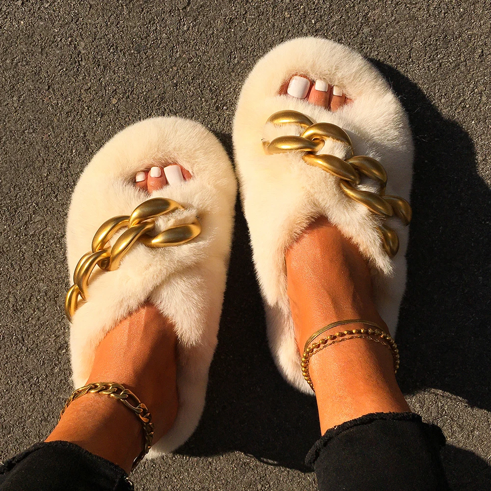 Fluffy Slippers Women Fashion Chain Cross Band Faux Fur Flip Flops Flat Furry Fur Slides Outdoor Sandals Summer House Slippers