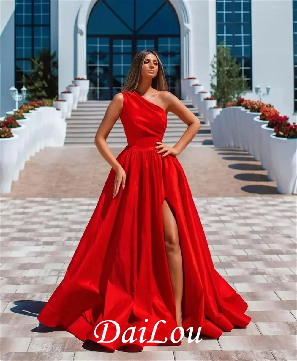 

A Line One Shoulder High Side Split Red Cheap Prom Dresses Vestidos Customize Formal Celebrity Gowns Evening Dress