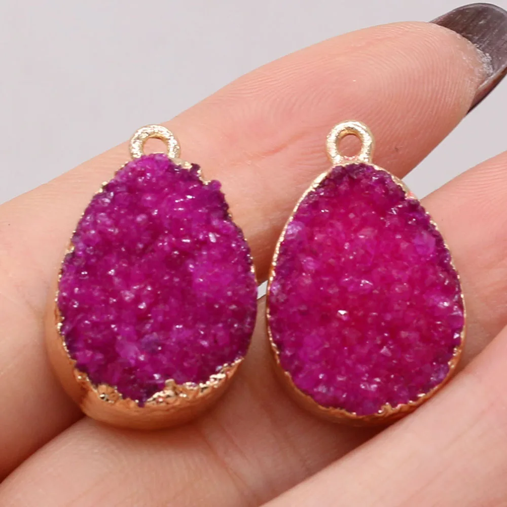 Natural Crystal Druzy Stone Red Pink Green Blue Pendants for Women Necklace Earring Jewelry Making DIY Gifts Size 24x15x8mm