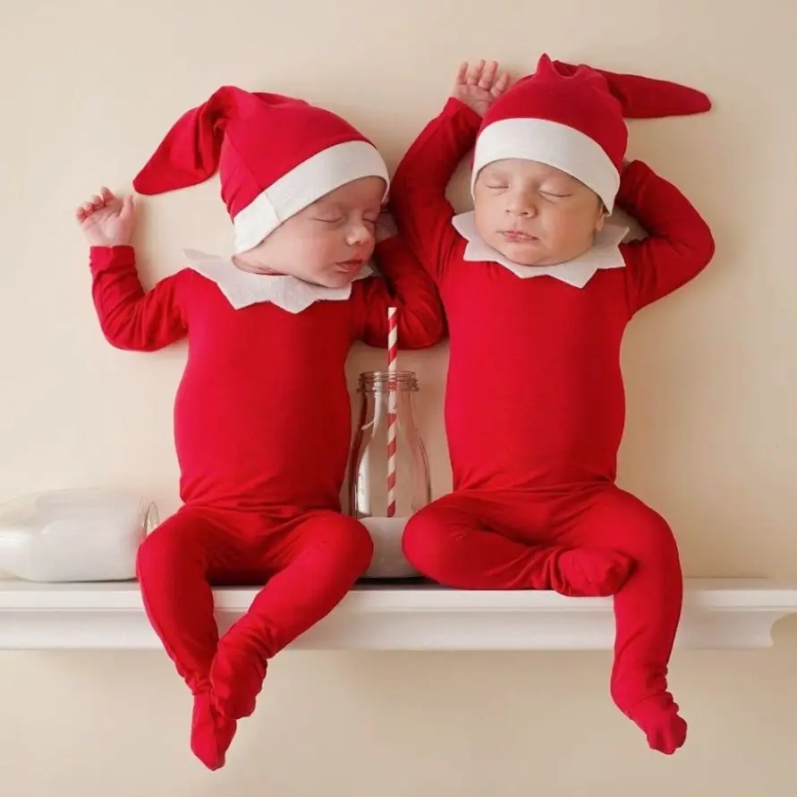 Newborn Baby Photography Props Christmas Elf Outfit Long Sleeve Footie Romper + Hat Christmas Santa Claus Dressed Set