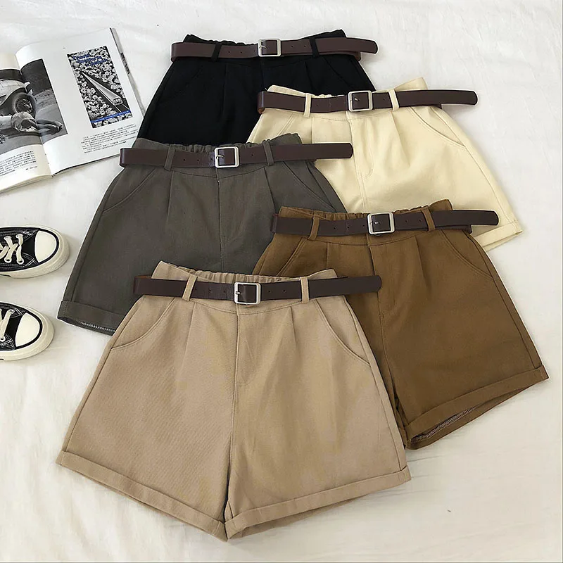 

Casual Straight Solid Sweet Women Shorts Korean Female Button Fly Summer Shorts Empire Mujer Sashes Pockets Mini Shorts