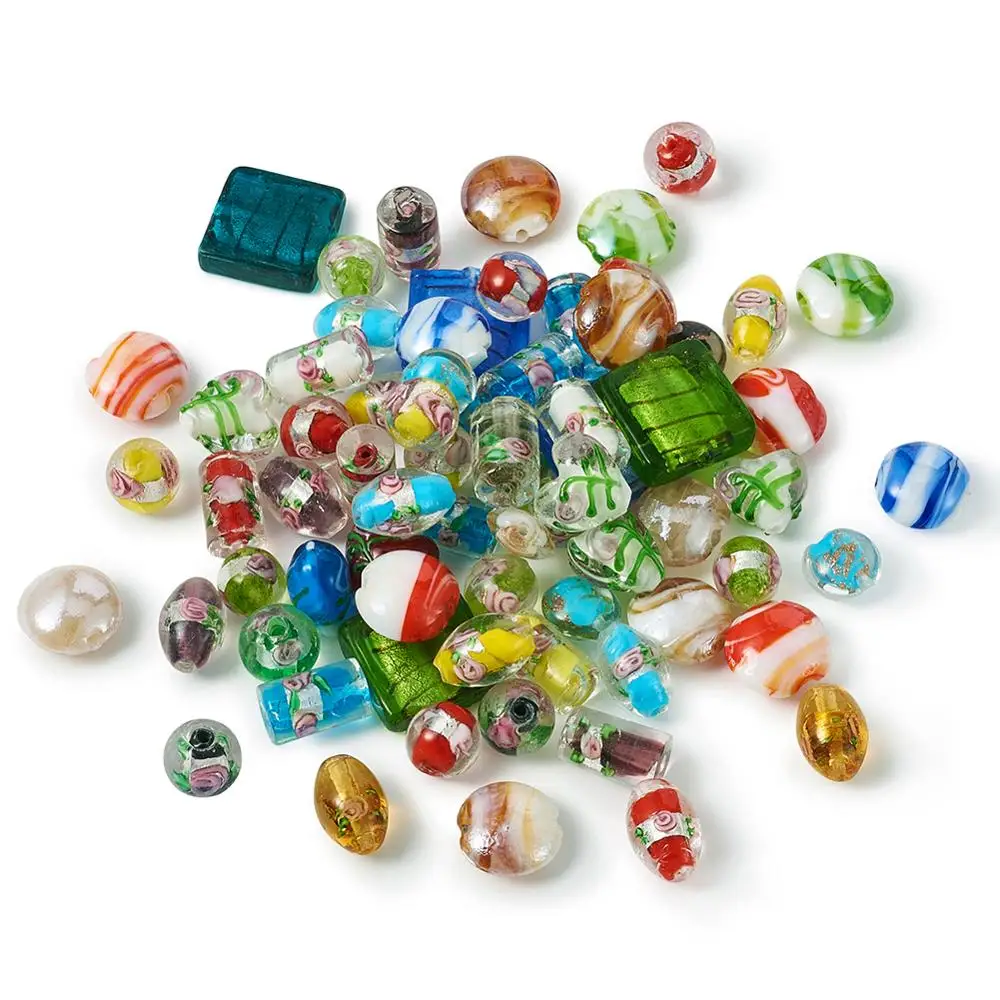 

120pcs/box Handmade Foil Lampwork Glass Beads For Bracelets Bangles Jewelry Making Accessories Mixed Shapes Mixed Color