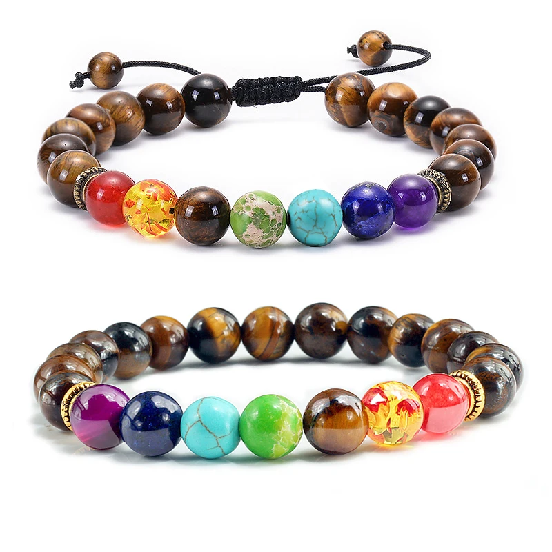 7 Chakra Beads Natural Lava Tiger Eye Stone Bracelet For Women Men Healing Balance Therapy Bracelets Jewelry Prayer Adjustable