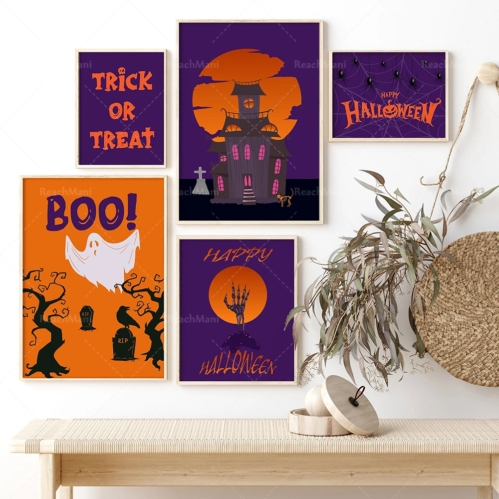 

Halloween poster, purple and orange fashion decoration, holiday season, trick or treat print Halloween decoration