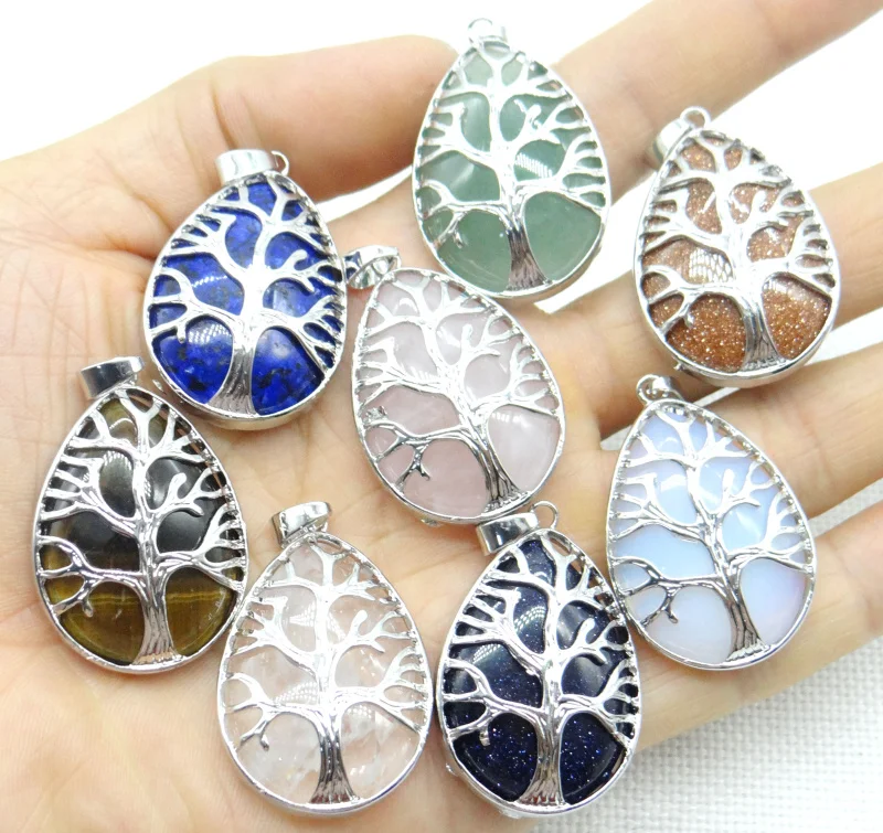 Natural Gem Stone Quartz Agate Pendant Handmade Silver Color Tree Of Life Teardrop Shaped For DIY Jewelry Necklace Making 12pcs