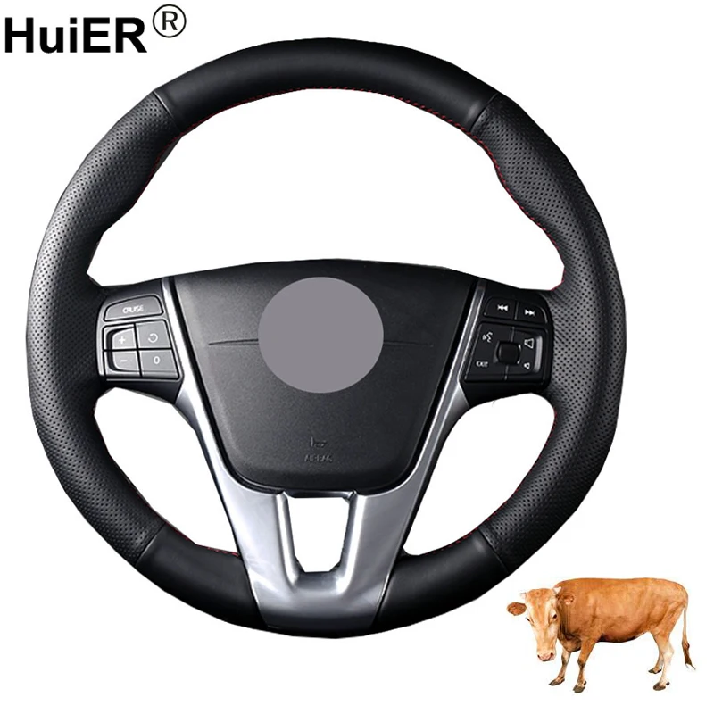 

HuiER Hand Sewing Car Steering Wheel Cover Volant Funda Volante Top Layer Cow Leather For Volvo S60 V40 V60 V70 2014 XC60 Auto