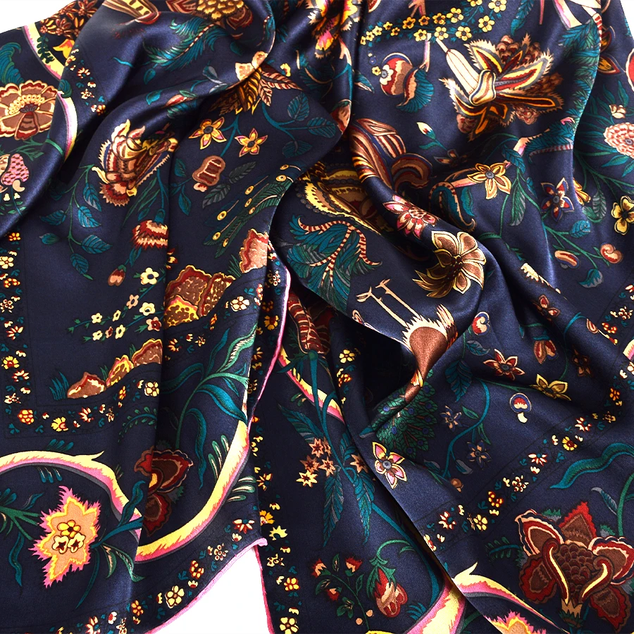 BYSIFA|Navy Blue Gold 100% Silk Scarf Hijab Ladies Rich Floral Design Printed Square Scarves 110*110cm Fall Winter Scarves Wraps