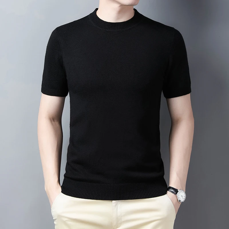 Men\'s Wool Sweater T Shirt Short Sleeve Jumper Male Solid Color Knit Tee Tops Slim Casual O-Neck Knitwear Shirt