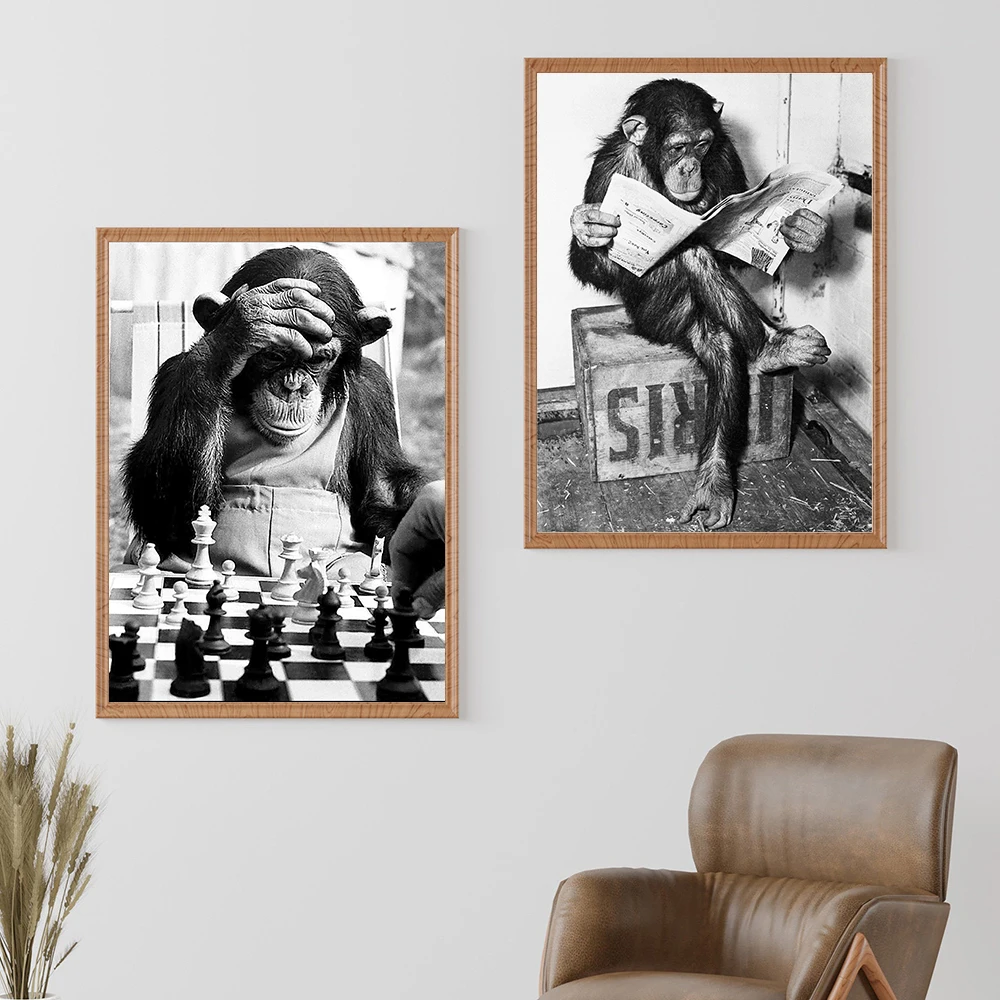 Black White Funny Monkey Read Newspaper Play Chess Poster and Print North Wall Art Canvas Painting Picture Toilet WC Home Decor