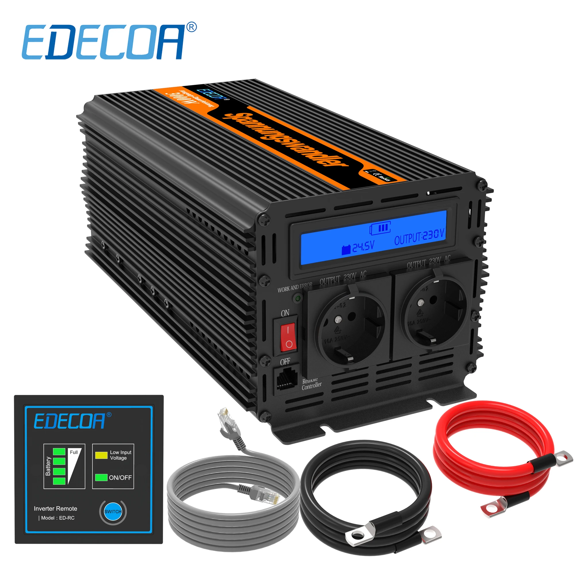 EDECOA 3000W DC 12V 24V to AC 220V 230V modified sine wave power inverter 3KW off grid solar converter car inverter