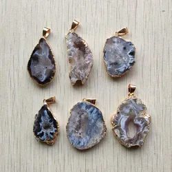 Natural Agates gold plated edged Slice open geode Irregular pendants for necklaces jewelry making Wholesale 6pcs  free shipping