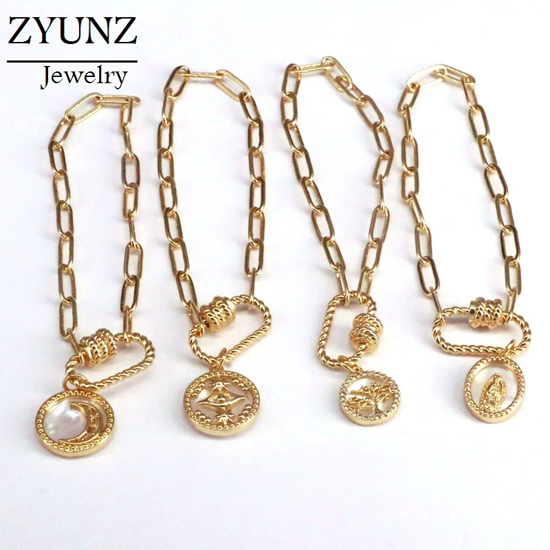 6PCS, Carabiner Shell Bracelet, CZ Micro Pave Mother of Pearl Charms Bracelet, Oval Clasp Bracelet, Punk Chain Link Bracelets