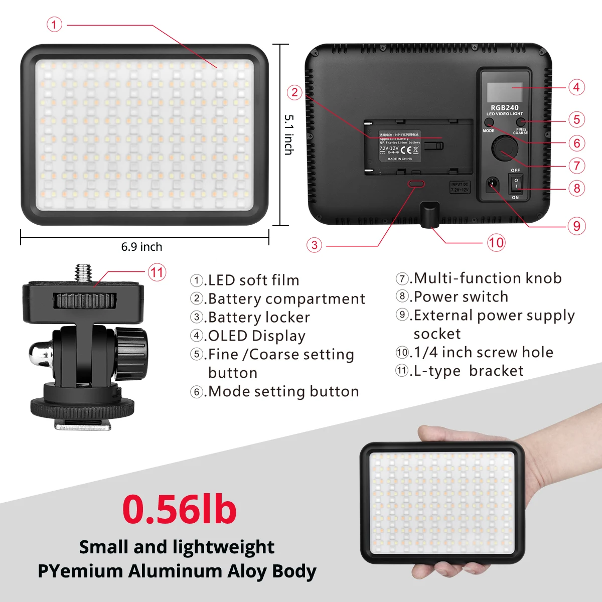 YELANGU RGB Video Light 12W Rechargeable LED Camera Light Full Color 12 Common Light Effects CRI97 2500-8500K Video Light Panel