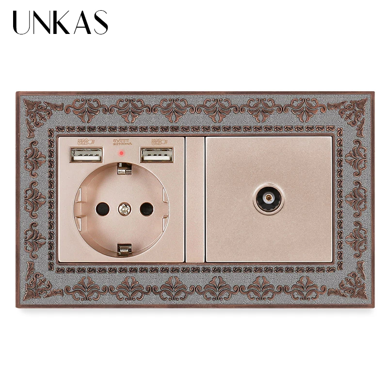 

UNKAS EU Socket With Dual USB Charge Port + TV Jack 146*86MM Hidden Soft LED Indicator 4D Embossing Zinc Alloy Panel