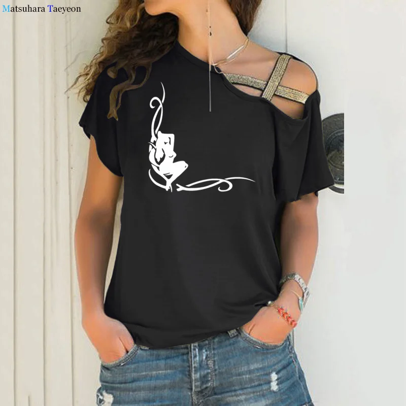 Girl in the corner of the glass Print Woman Tee Shirt Female Girl Shirt funny Women Fashion personality shoulder Out Tee Tops