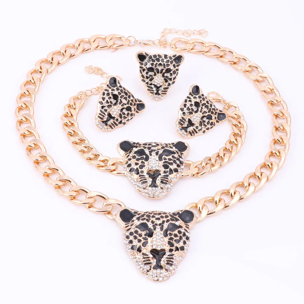 Dubai Gold Color Crystal Enameled Leopard Pendant Statement Necklace Bracelet Earrings Ring Costume Jewelry Set