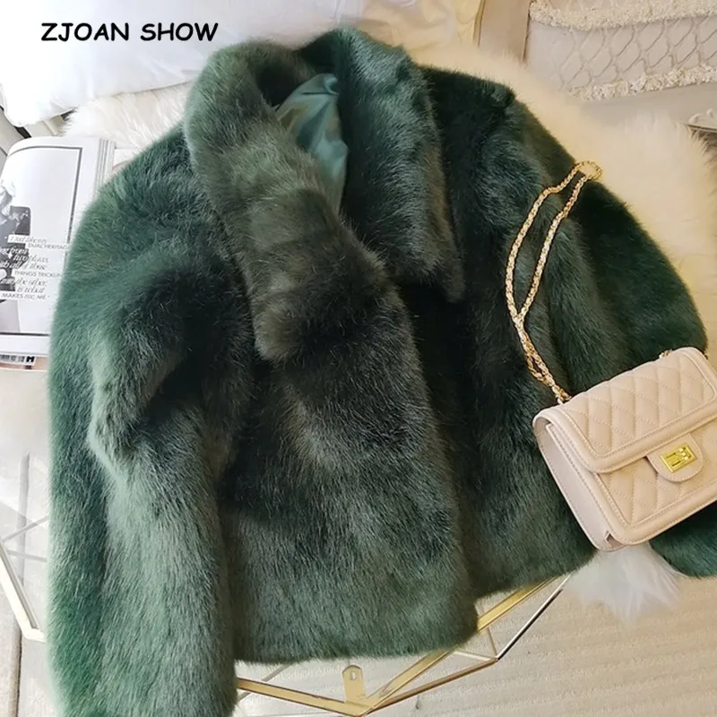 Winter Turn down Collar Lapel Hairy Shaggy Soft Faux Fur Coat Green Women Long Sleeve Furry Fur Warm Jacket Short Outerwear