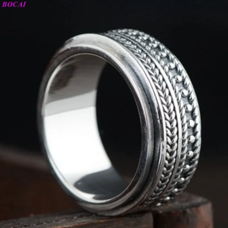 BOCAI S925 Sterling Silver Rings for Women Men New Fashion Wheat-Ear Pattern Rotatable Pure Argentum Jewelry Wholesale