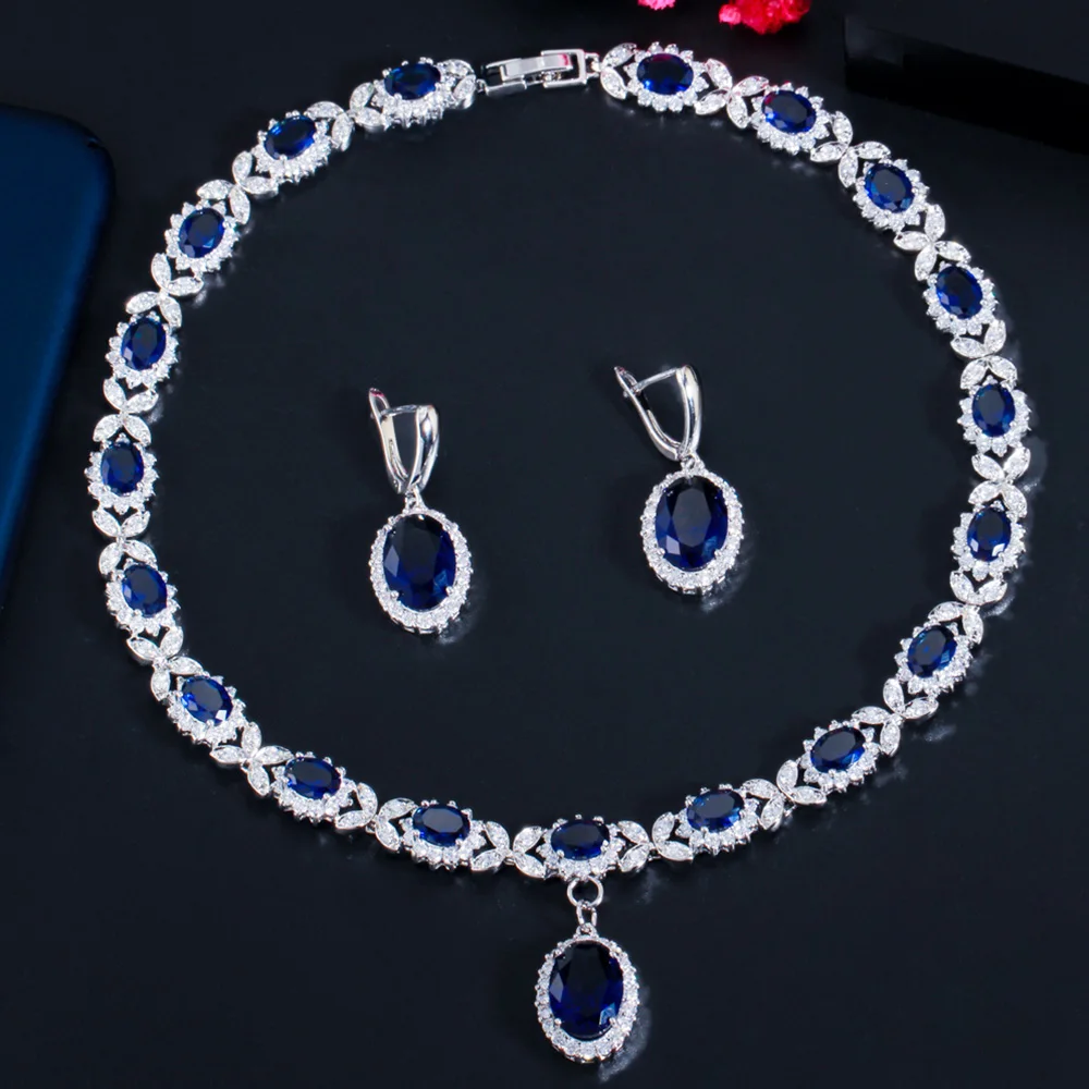 Pera Beautiful Royal Blue CZ Crystal Big Oval Drop Earrings and Pendant Necklace Sets for Women Anniversary Jewelry Gift J426