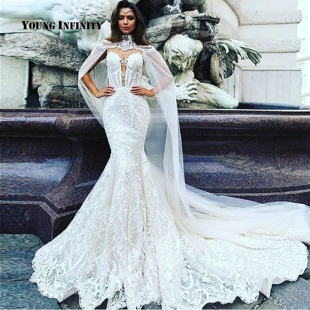 

New Arrival Sweetheart Cape Wedding Dress 2021 Backless Sleeveless Lace Appliques Chapel Train Floor Length Mermaid Bridal Gown