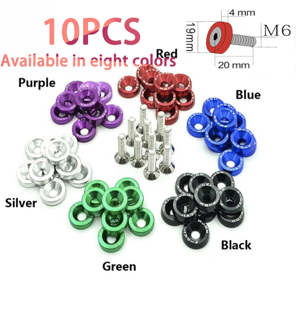 10pcs Car Modified Hex Fasteners Fender Washer Bumper Engine Concave Screws Aluminum JDM Fender Washers and M6 Bolt for Honda