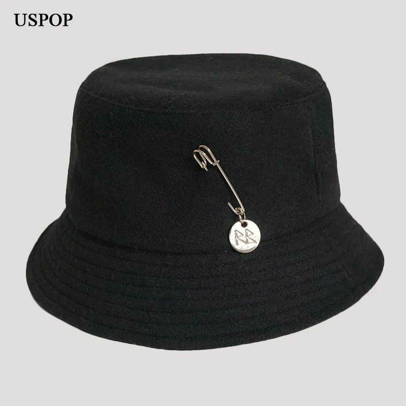 USPOP Brand NEW Women Bucket Hats Winter Wool Hats Letter Metal Pin Bucket Hats Panama Hats