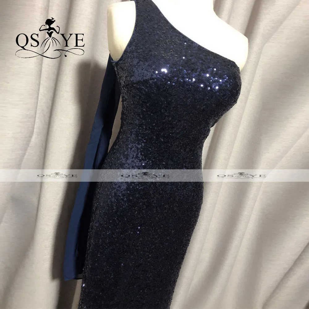 One Shoulder Navy Evening Dress 2021 New Mermaid Prom Gown Glitter Sexy Fading Silver Party Dress Sequin Formal Dress Ribbon