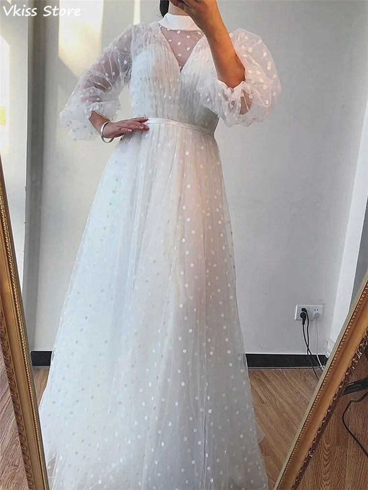 

White Evening Dress Simple Tulle High Neck Long Sleeves Elegant A-line Floor Length 2020 New Prom Dress платья для выпускного